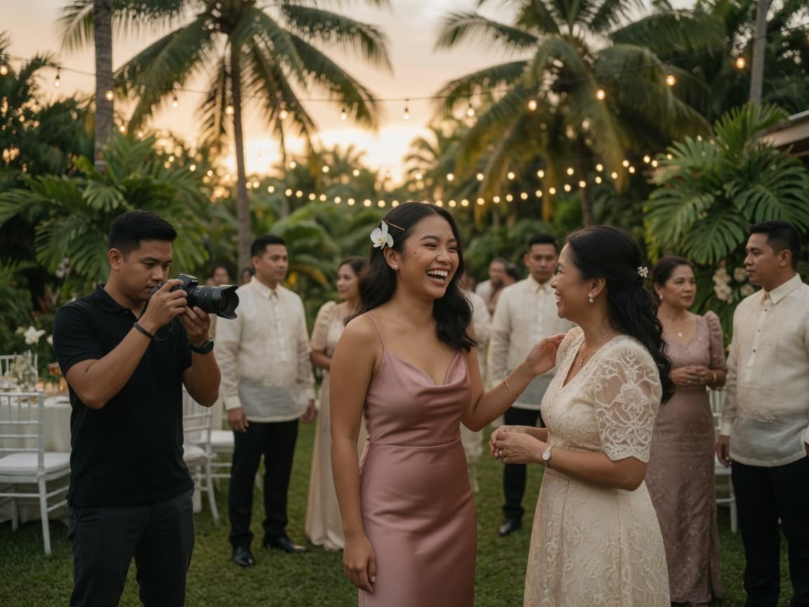 Filipino wedding photographer capturing a guest at a tropical reception