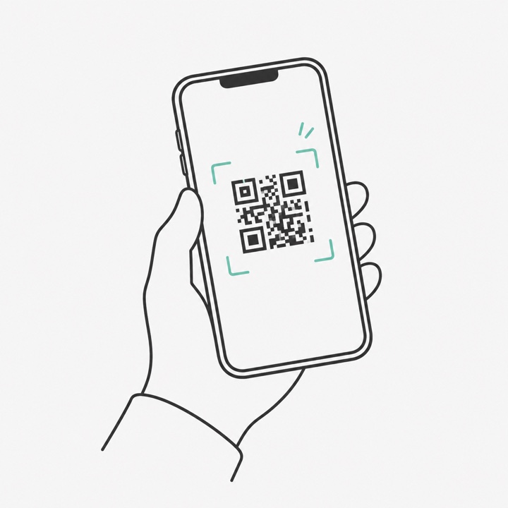Illustration of a hand holding a phone scanning a QR code